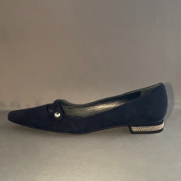 Stuart Weitzman Navy Pointy Toe Flats with Chain Inlay Heel - Picture 8 of 8